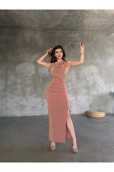 Fav Style Γυναικείο αμάνικο ντεγκέ γιακά με σκίσιμο μακρύ φόρεμα Camel