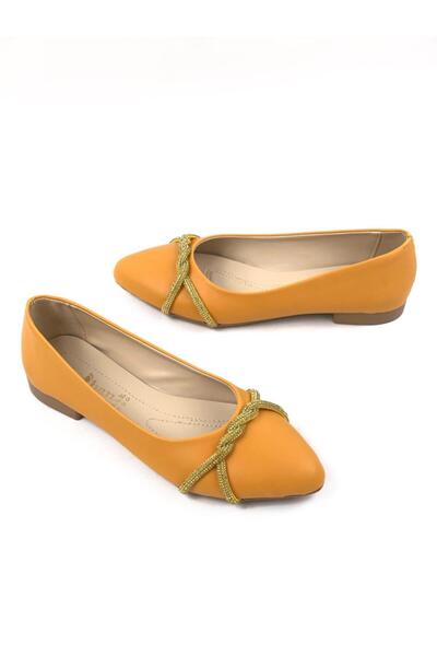 bescobel Women's Mustard Senns Soft Sole Cross Stone Detailed Ballerinas