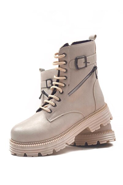 bescobel Γυναικείες μπότες με φερμουάρ και κορδόνια σε μπεζ χρώμα Fasna