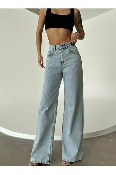 Livik Toți albastru lycra largi pentru femei, albastru gheață, zăpadă, talie super înaltă, picior largi, blugi din denim, pantaloni palazzo