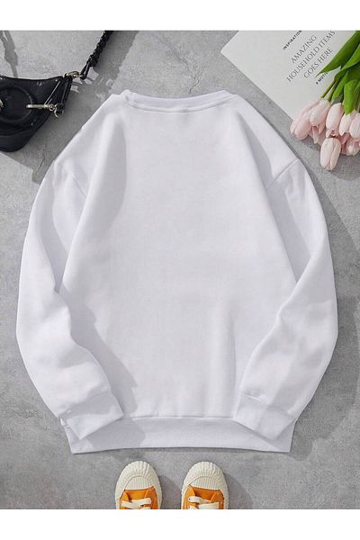 BEETON Paw Pattern Thick Winter Sweatshirt - White Printed Oversize Crew Neck