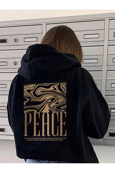 BEETON Hanorac de iarnă gros cu snur cu 2 fire Peace Design - Hanorac cu glugă supradimensionat, negru, imprimat