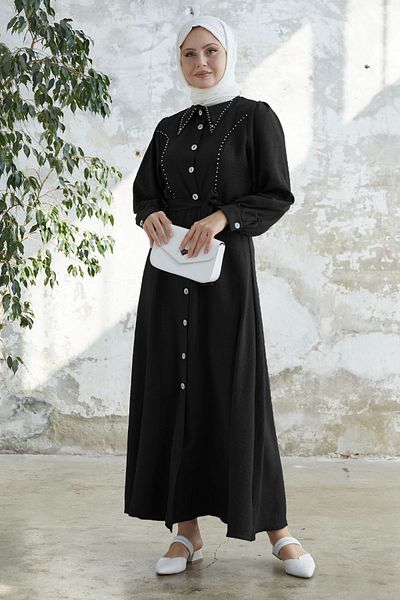 InStyle Λινό Φόρεμα με χάντρες - Μαύρο
