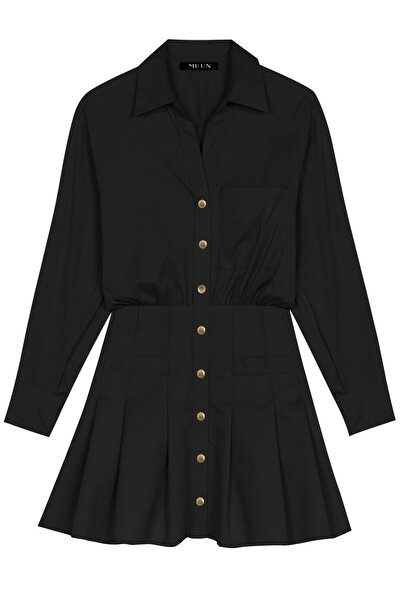 Muun MİNİ GÖMLEK YAKA METAL DÜĞME DETAYLI PİLELİ SİYAH MİNİ ELBİSE