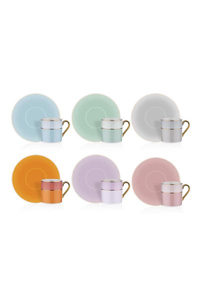 Neva N3505 Monet 6-Person Coffee Cup Set 90 ml with 6 Different Colors and Gold Handles