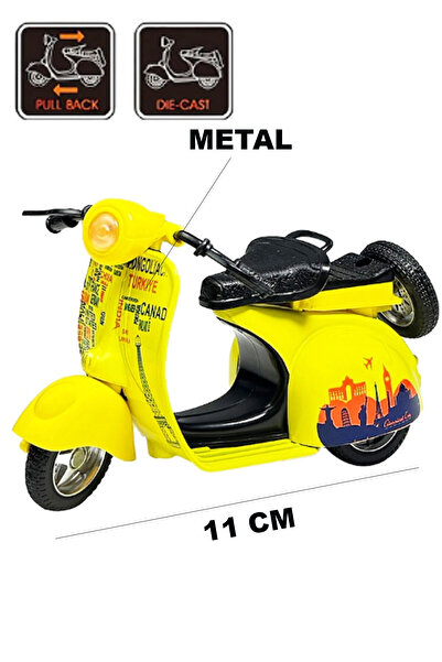 Toyaş Pull Drop 1:14 Die-Cast Clasic Metal Motorcycle Scooter Vintage Yellow Gift Vehicles Toy Motos