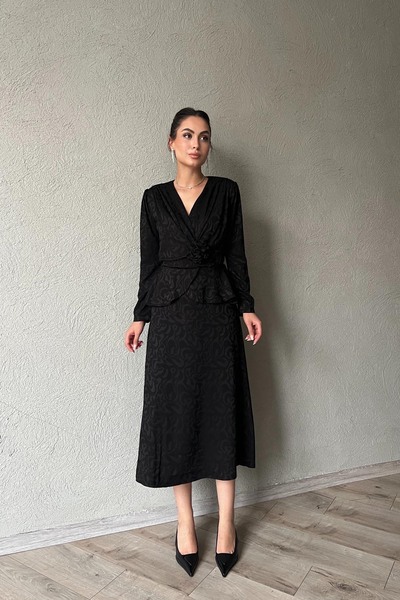 Seda Yalçın Atelier Black Rose Brooch and Pleat Detailed Double Breasted Dress