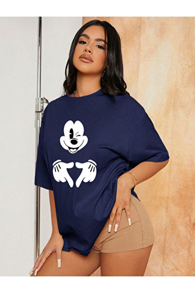 Revasser Unisex Kadın/Erkek Mickey Mouse Renkli Özel Baskılı Oversize Pamuk P...