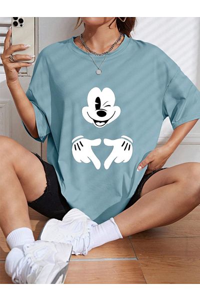 Revasser Unisex Γυναικεία/Ανδρικά μπλουζάκια Μίκυ Μάους, πολύχρωμο, προσαρμοσμένο με στάμπα μεγάλου μεγέθους, βαμβακερό χτενισμένο βαμβακερό μπλουζάκι
