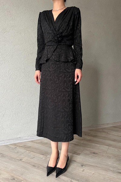 Seda Yalçın Atelier Black Rose Brooch and Pleat Detailed Double Breasted Dress