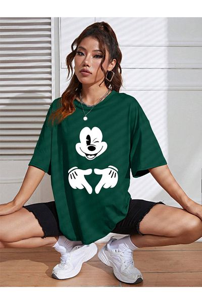 Revasser Unisex Γυναικεία/Ανδρικά μπλουζάκια Μίκυ Μάους, πολύχρωμο, προσαρμοσμένο με στάμπα μεγάλου μεγέθους, βαμβακερό χτενισμένο βαμβακερό μπλουζάκι