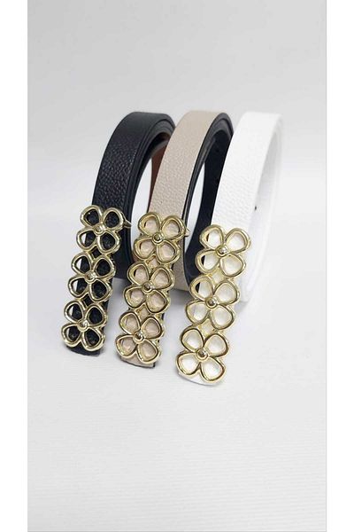 Kemerix Black-White-Mink 3-Piece Women's Thin Belt Set - Reversible