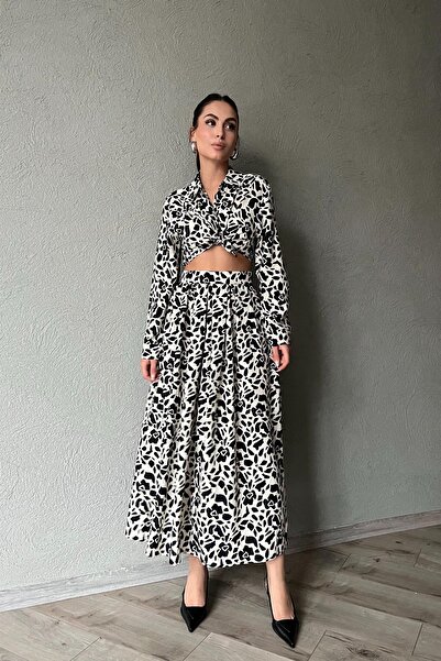 Seda Yalçın Atelier Ecru Black Patterned Shirt Skirt Set