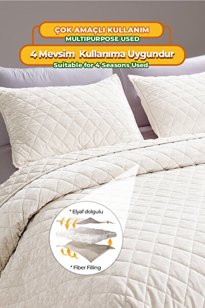 Evlen Home Collection Kapitone Kadife Yatak Örtüsü Seti Çift Kişilik Supersoft 3 Parça Krem Yumuşak Elyaf Dolgulu Çeyizlik