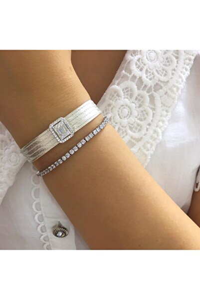 bestmysilver Kadın Gümüş Bagetli 5 Sıra Trabzon Hasır Bileklik