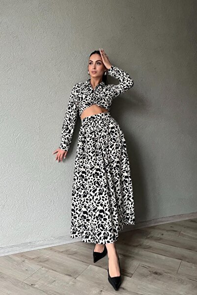 Seda Yalçın Atelier Ecru Black Patterned Shirt Skirt Set