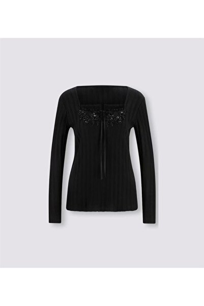 Bulalgiy BULALGİY Kadın Siyah İşlemeli Tişört - BGA209455