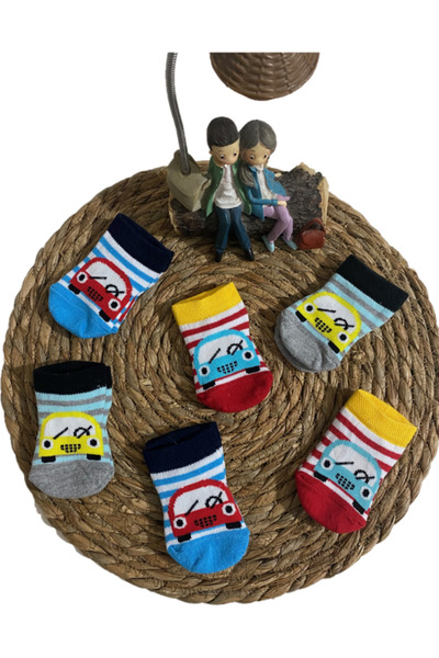 Hobins Sportswear & Company Erkek Bebek Yenidoğan Araba Desenli Hediyelik Çorap Seti 0-6 Ay