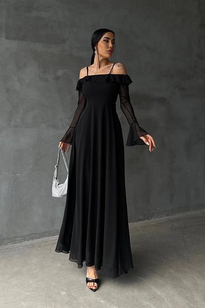Ortaya Çık Black Madonna Collar Rope Strap Dress
