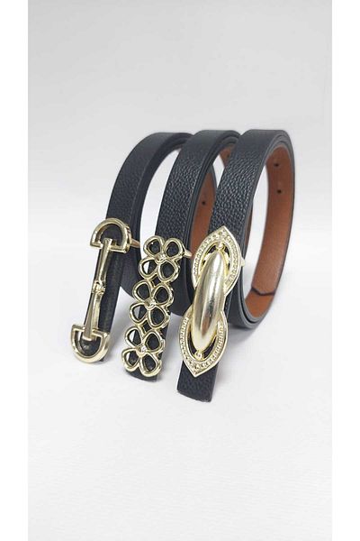 Kemerix Black Gold Buckle Reversible 3-Piece Women's Thin Belt Set