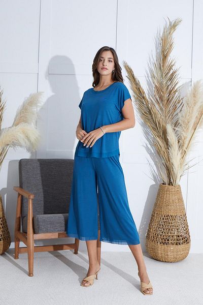 Sevim Set pijamale Capri Petrol cu ​​maneci scurte pentru damă C7T0N851