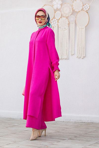 Swana Linen Long Tunic Trousers Set-Pink