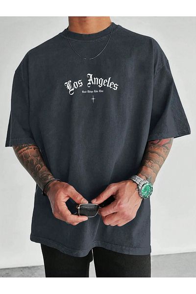 Black Sokak Good Things Take Time Printed Oversize Anthracite Men's T-Shirt