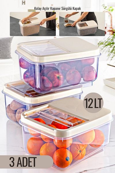 Nandy Home Multibox 12 Lt Multi-Purpose Food Container with Easy Sliding Lid, Pulses and etc. Storage Container 3 Pieces