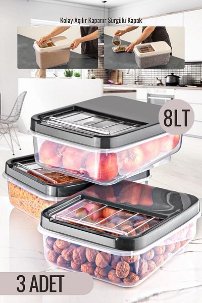 Nandy Home Multibox 8 Lt Multi-Purpose Food Container with Easy Sliding Lid, Pulses and etc. Storage Container 3 Pieces