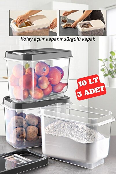 Nandy Home 3 Adet 10 Lt Kolay Kayar Kapaklı Multibox Erzak Bakliyat Vs. Saklama Kabı Antrasit