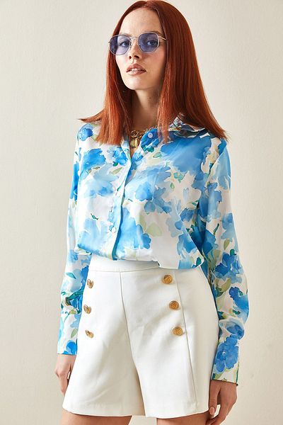 XHAN Blue Floral Patterned Satin Shirt 5YXK2-48203-12