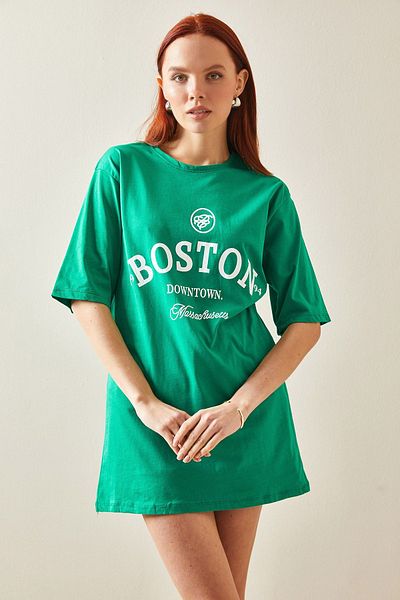 XHAN Green Crew Neck Printed Oversize T-Shirt 5YXK1-48209-08