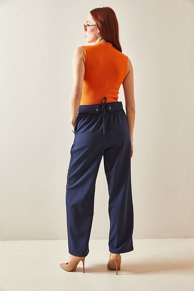 XHAN Navy Blue Back Belt Detailed Palazzo Trousers 5YXK5-48171-14