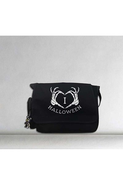 Toum Geantă unisex neagră cu imprimeu cu inimă cu schelet de Halloween OnlyMoon