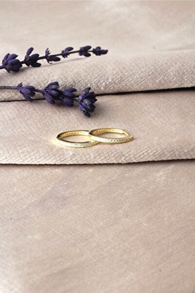 BY BARUN SİLVER Halka Küpe Yuvarlak 925 Ayar Beyaz Zirkon Taşlı Gold Renk Gümüş Küpe