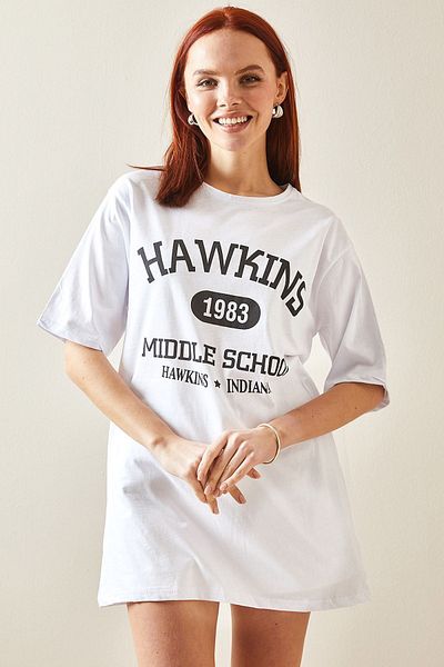 XHAN White Crew Neck Printed Oversize T-Shirt 5YXK1-48208-01