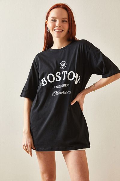 XHAN Black Crew Neck Printed Oversize T-Shirt 5YXK1-48209-02