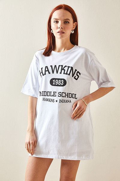XHAN White Crew Neck Printed Oversize T-Shirt 5YXK1-48208-01