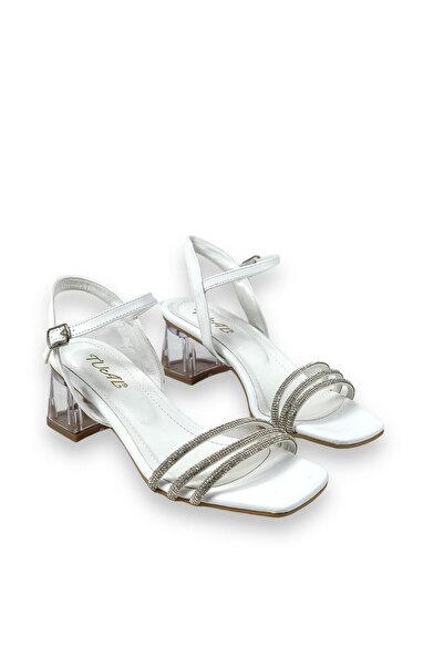 bescobel Women's Telsa White Low Transparent Heel 3-Piece Stone Sandals 5 Cm 213