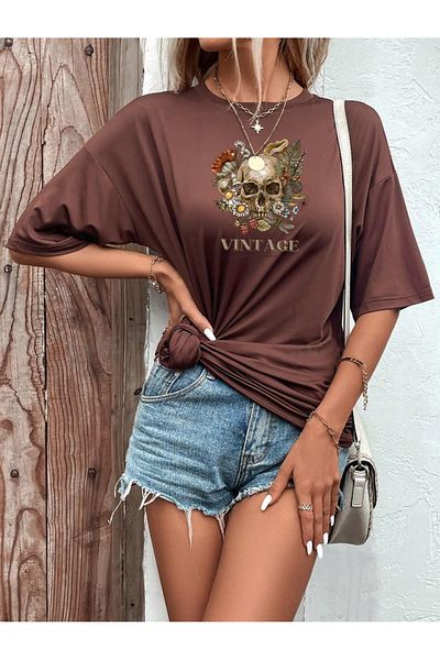 OFFSIDESIGN Γυναικείο μπλουζάκι Oversize Vintage Skull Bohemian Design Μπλουζάκι με στάμπα κοντομάνικο