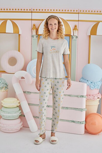 Sevim Women's Short Sleeve Beige Melange Pajama Set C5T6N851