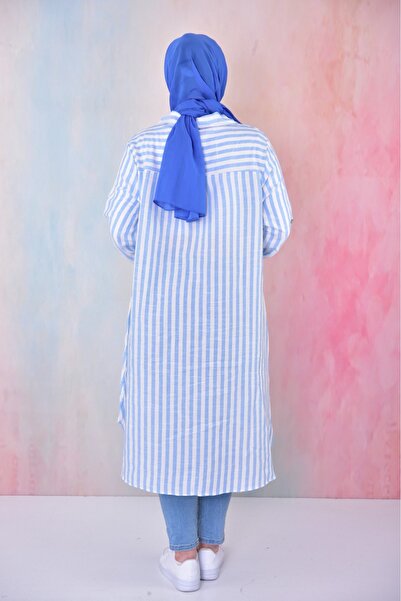 BUUFUU Tunica lungă cu mânecă lungă, guler de cămașă, cu buzunar, cu dungi de vară