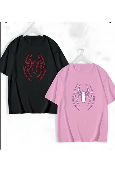 FULL TOLERANCE Kadın Erkek Unisex Örümcek Baskılı Sevgili Çift Kombini Oversize Renkli Tshirt
