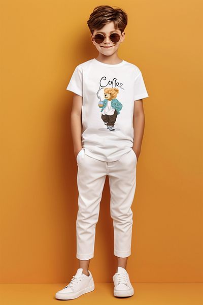 ADABEBEK Tricou pentru băiat cu imprimeu cafea și ursuleț de pluș care bea cafea