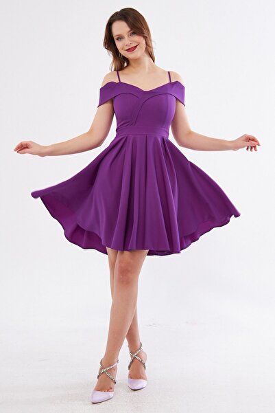 Bidoluelbise Mor Askılı Kayık Yaka Detay Pileli Mini Kloş Abiye Elbise