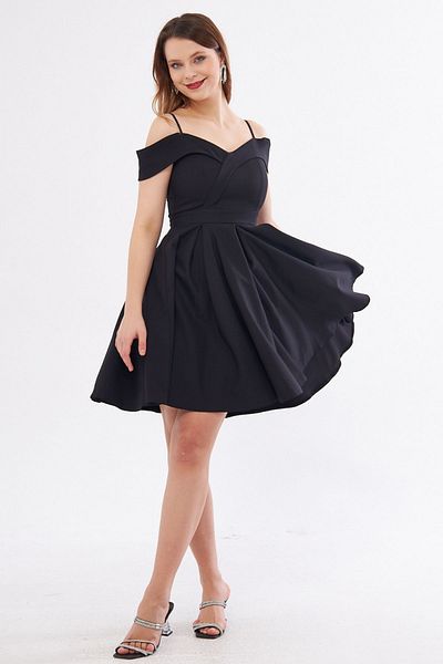 Bidoluelbise Μαύρο λαιμόκοψη με λεπτομέρεια πλισέ Mini Flared βραδινό φόρεμα