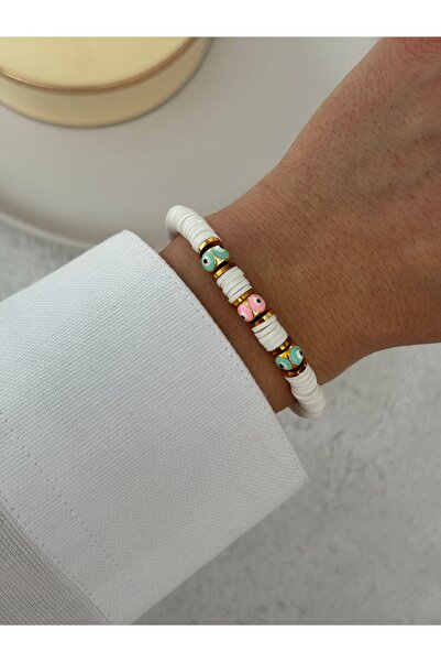 HERCY سوار فيمو الأبيض مع حبات عين الشر الملونة