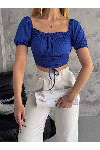 QUTTA Bluză de damă Saks cu mânecă cu balon, cu aspect corset, guler Madonna, cu mânecă scurtă