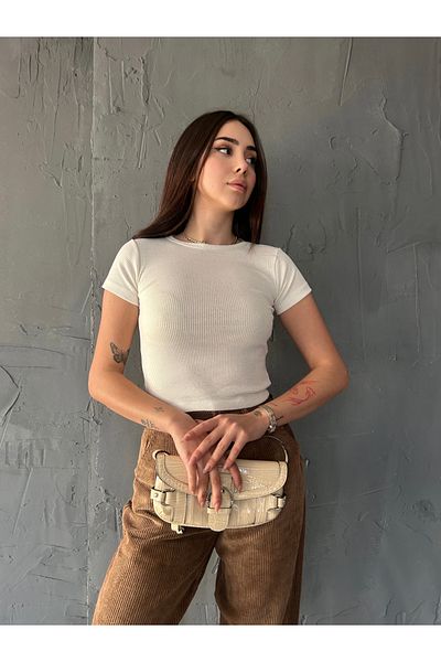 Fav Style Women's Crew Neck Short Sleeve Camisole Crop Blouse Ecru