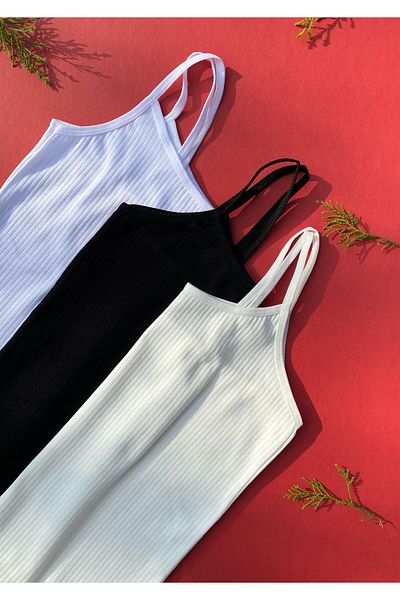 VicTroy Cotton 3-Piece Rope Strap Ecru, Black and White Report Ribbed Women's Tank Top